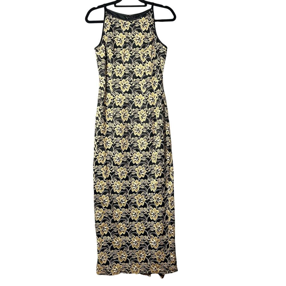 VINTAGE Jessica Mcclintock Dress Womens 6 Gold Black Sleeveless Maxi Made USA‎